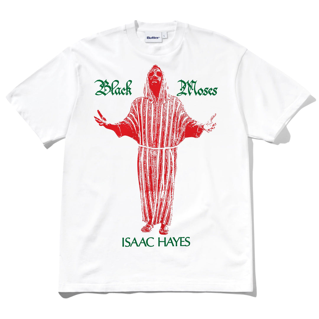 A white short-sleeve t-shirt with a graphic print of a red robe figure and green text reading 'Black Moses' and 'ISAAC HAYES'.