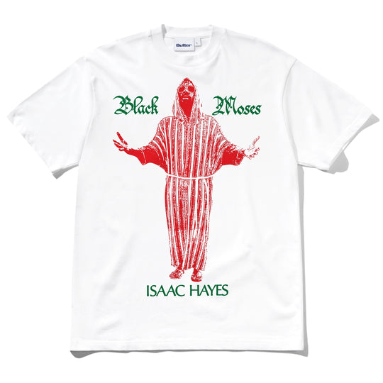 A white short-sleeve t-shirt with a graphic print of a red robe figure and green text reading &