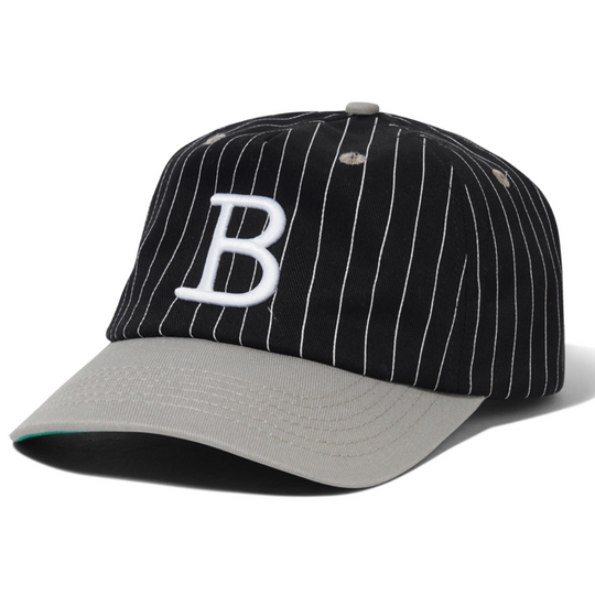 Black pinstripe cap with a white 'B' logo 