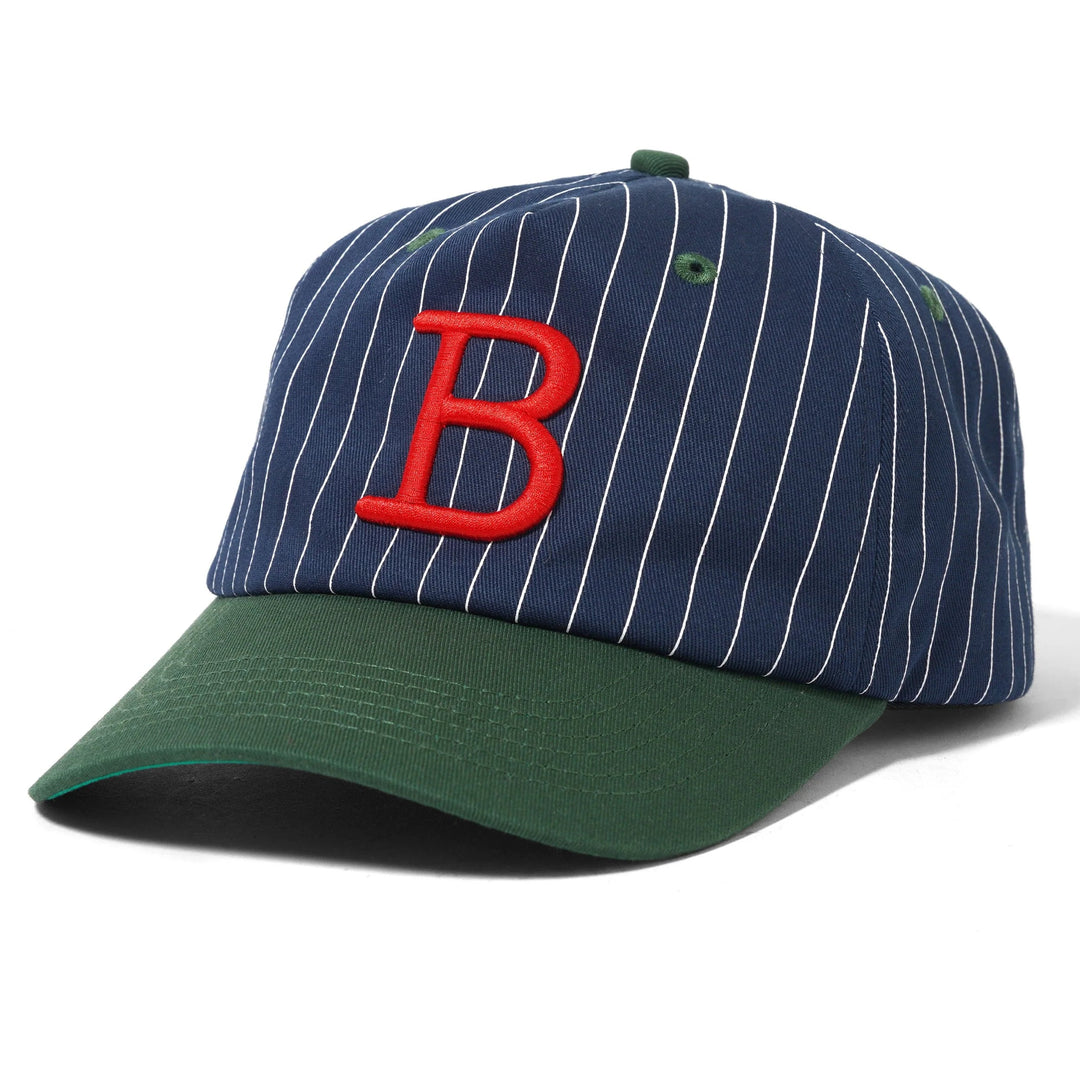 Baseball cap with blue pinstripe pattern and red 'B' logo 