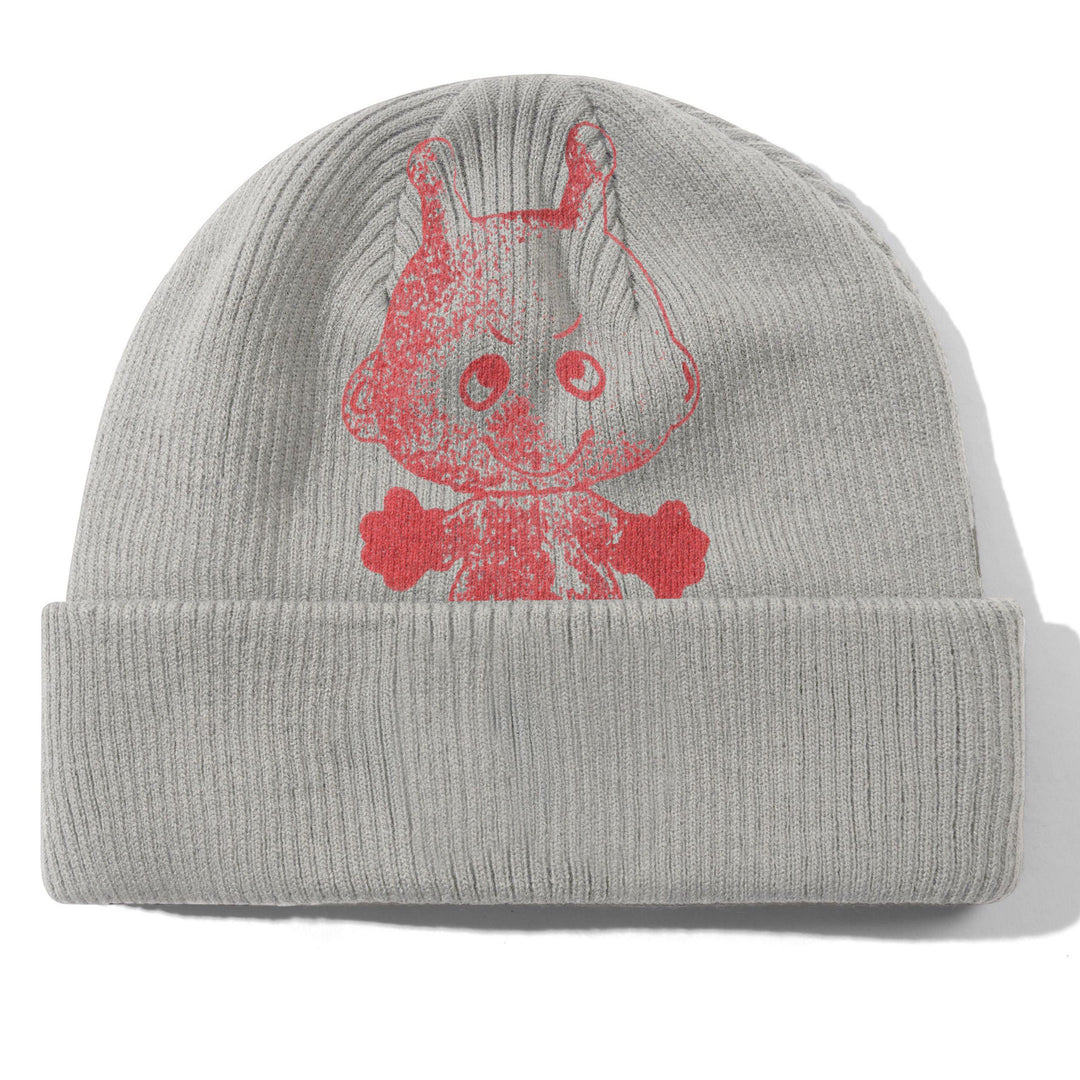 Gray beanie with red graphic design on a white background