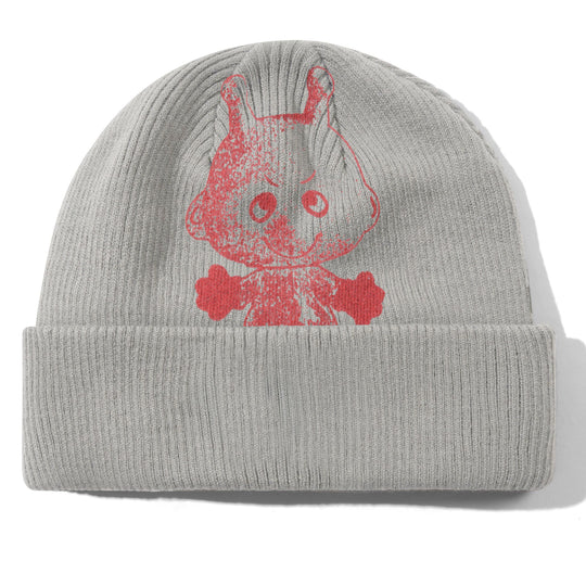 Gray beanie with red graphic design on a white background
