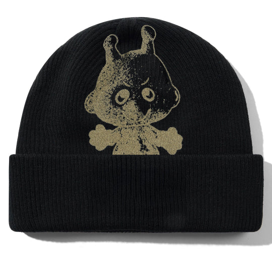 Black beanie with a graphic design on a white background