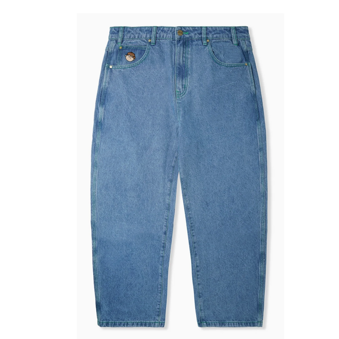 washed indigo jeans with contrast green stitching