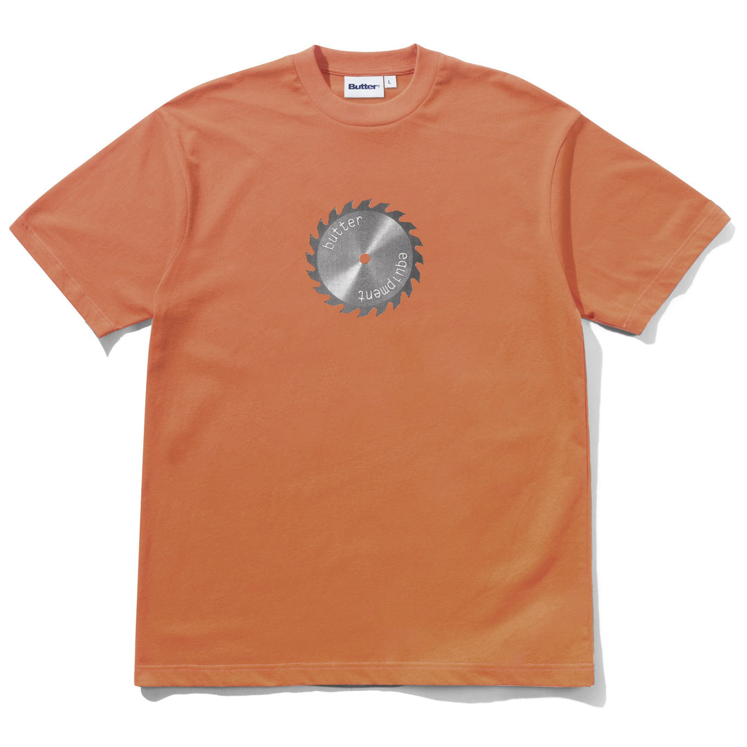 Orange t-shirt with a circular saw blade graphic on a white background