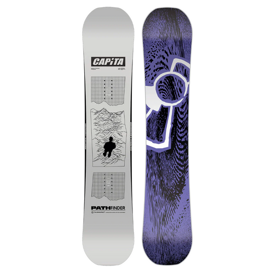 top and bottom snowboard image with man on range silhouette