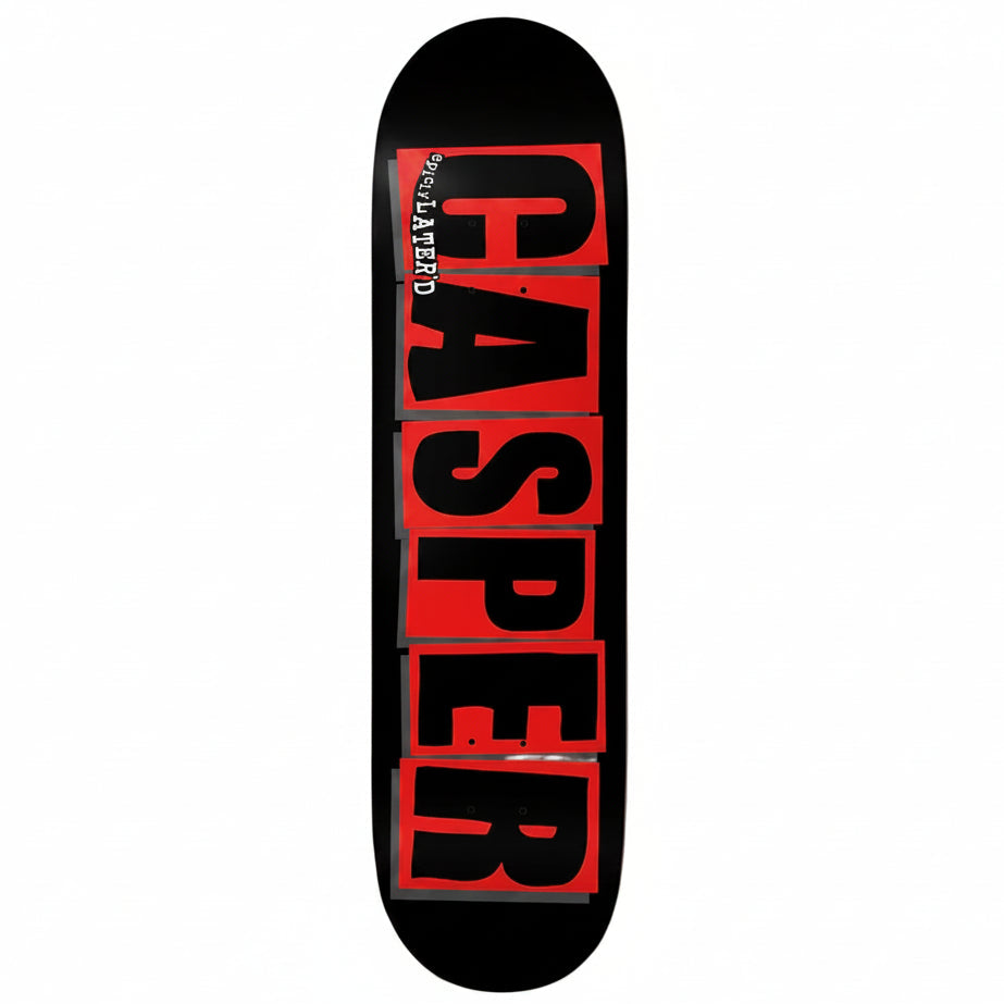 Skateboard deck with 'Gasper' branding on a white background