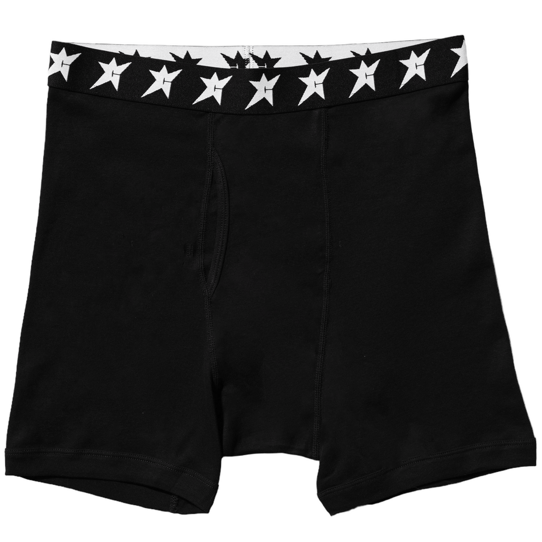 Black boxer briefs with a white carpet star-patterned waistband 