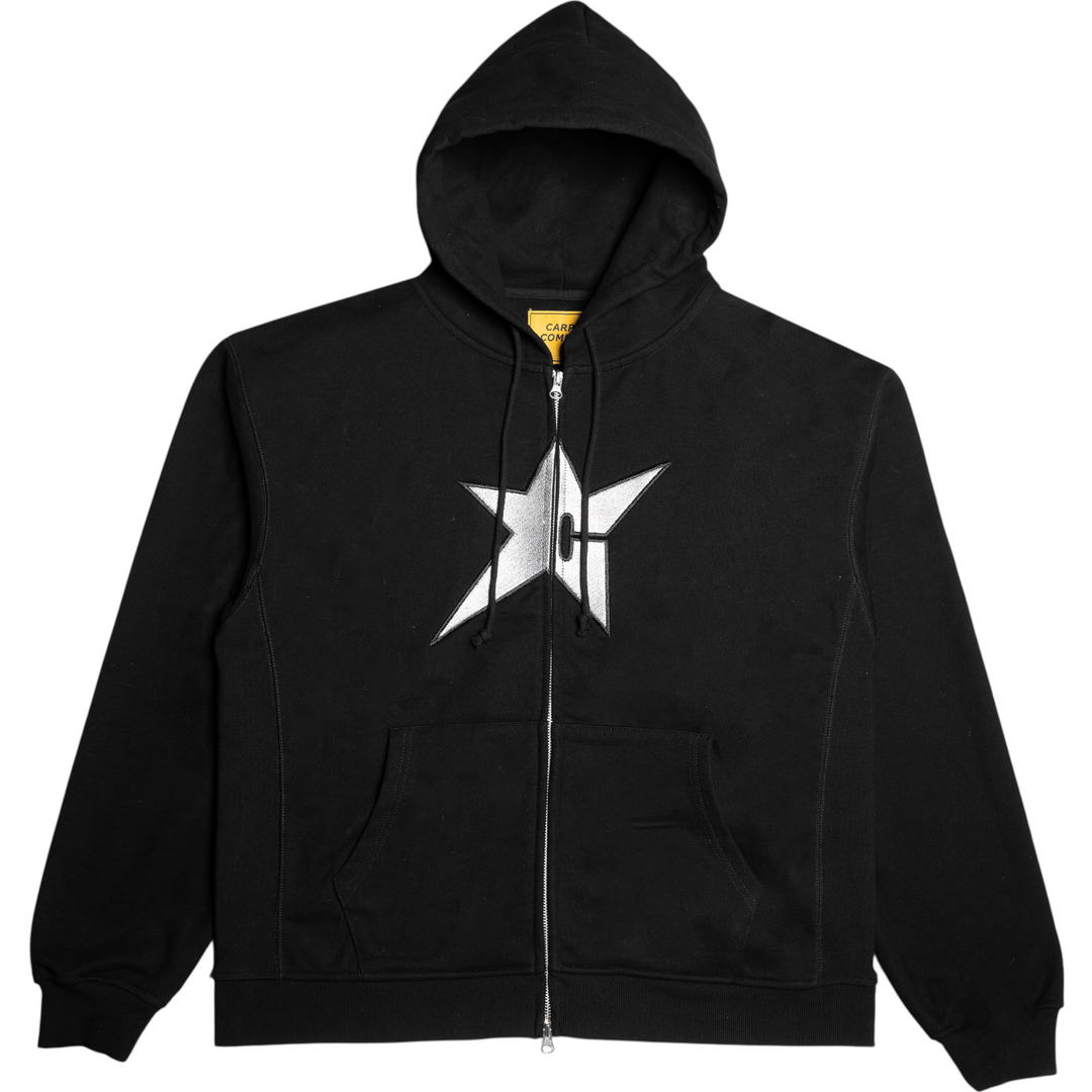Black zip-up hoodie with a carpet star logo 