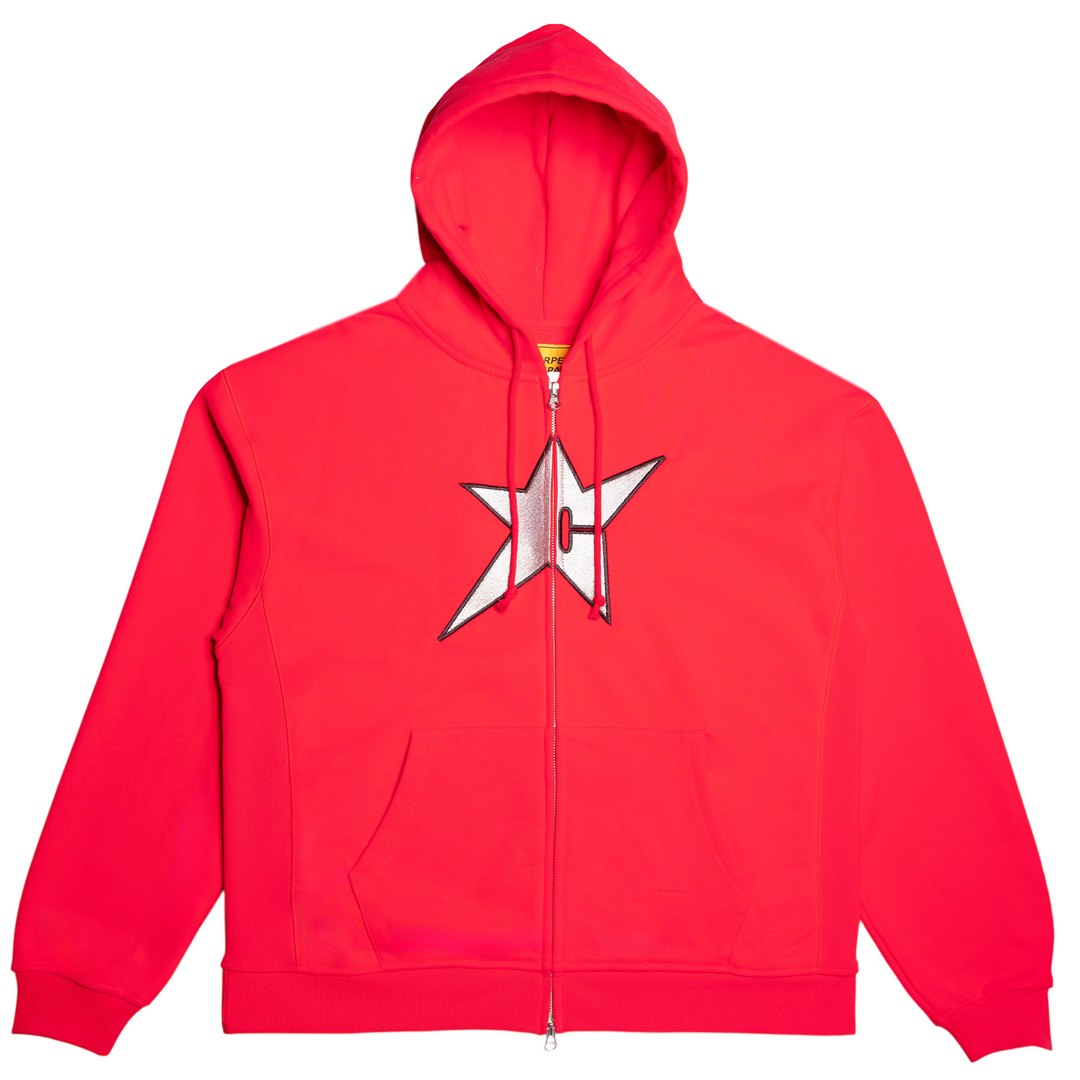 Red zip-up hoodie with a carpet star logo 