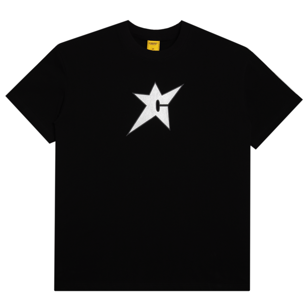 Black t-shirt with a white carpet star logo