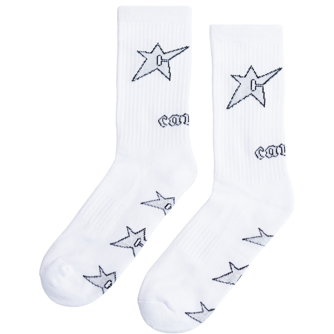 White socks with a  carpet star logo pattern 