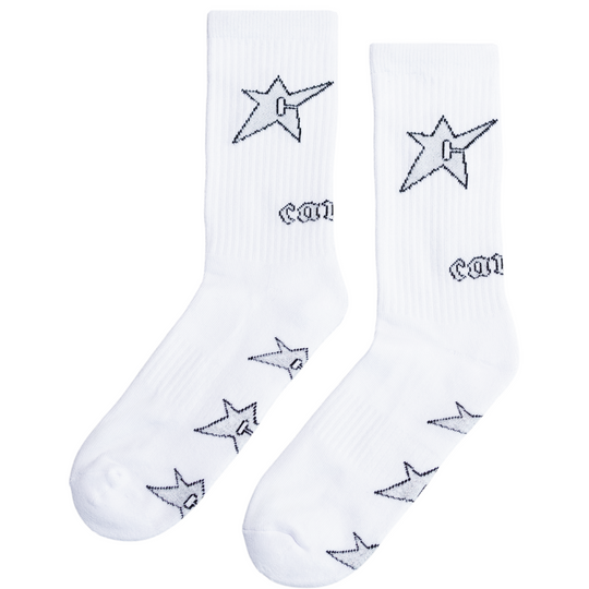 White socks with a  carpet star logo pattern 