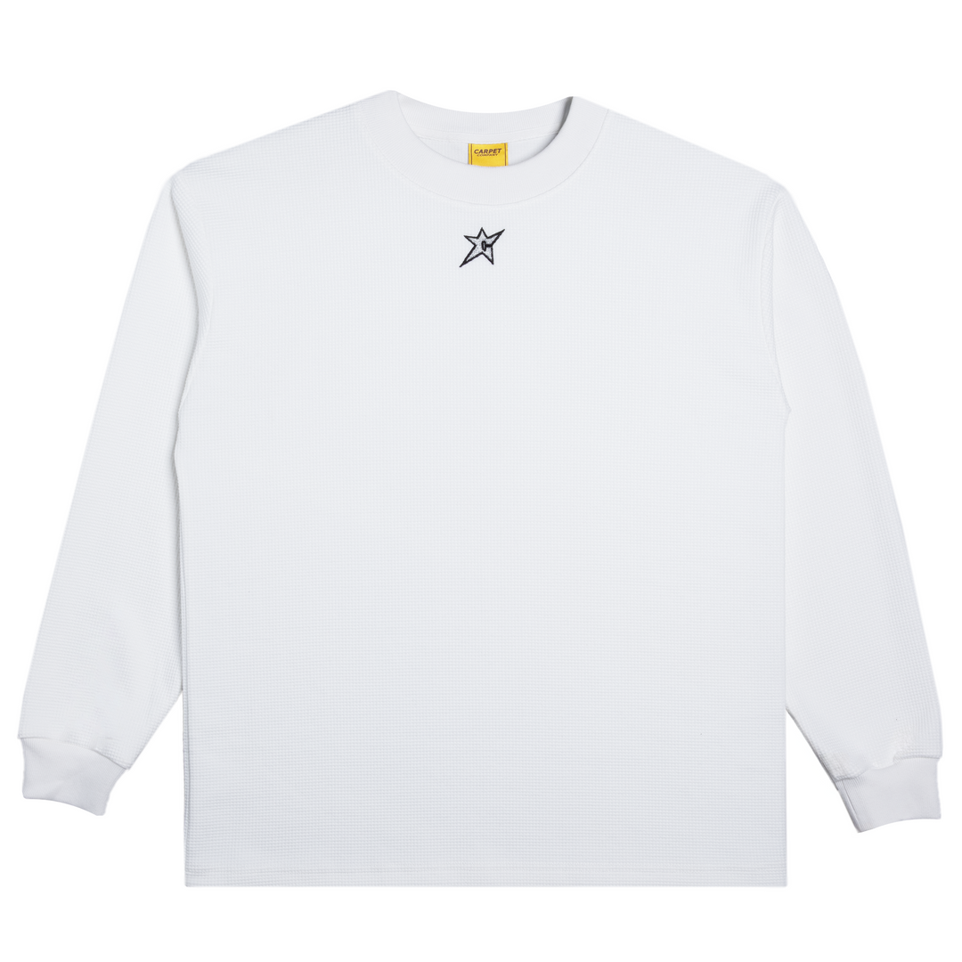 White lthermal ong-sleeve shirt with a small carpet star logo 