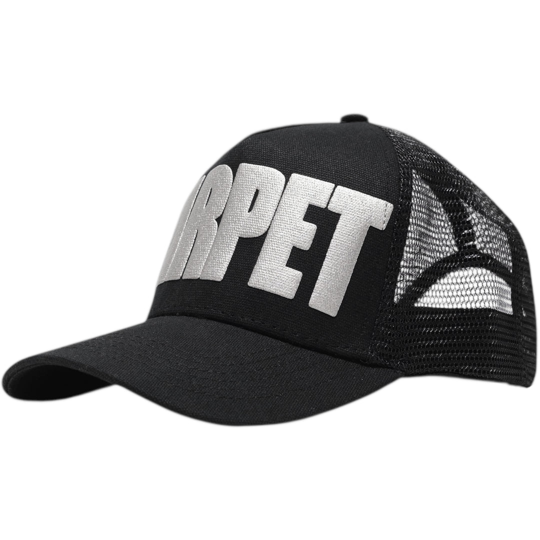 Black trucker cap with 'CARPET' text 