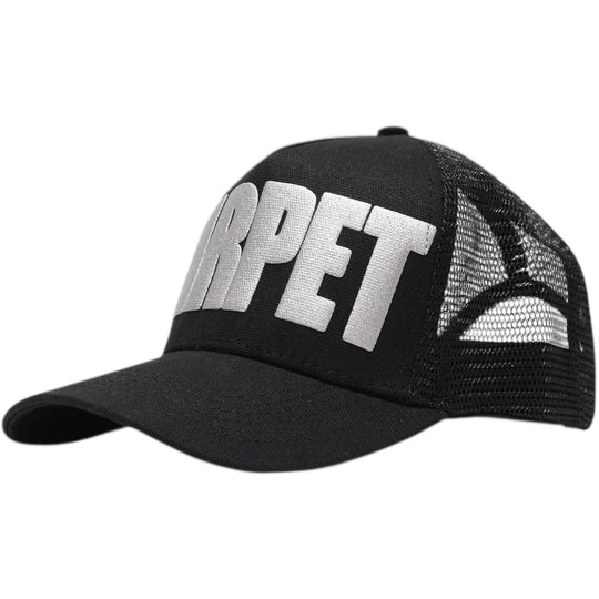 Black trucker cap with 'CARPET' text 