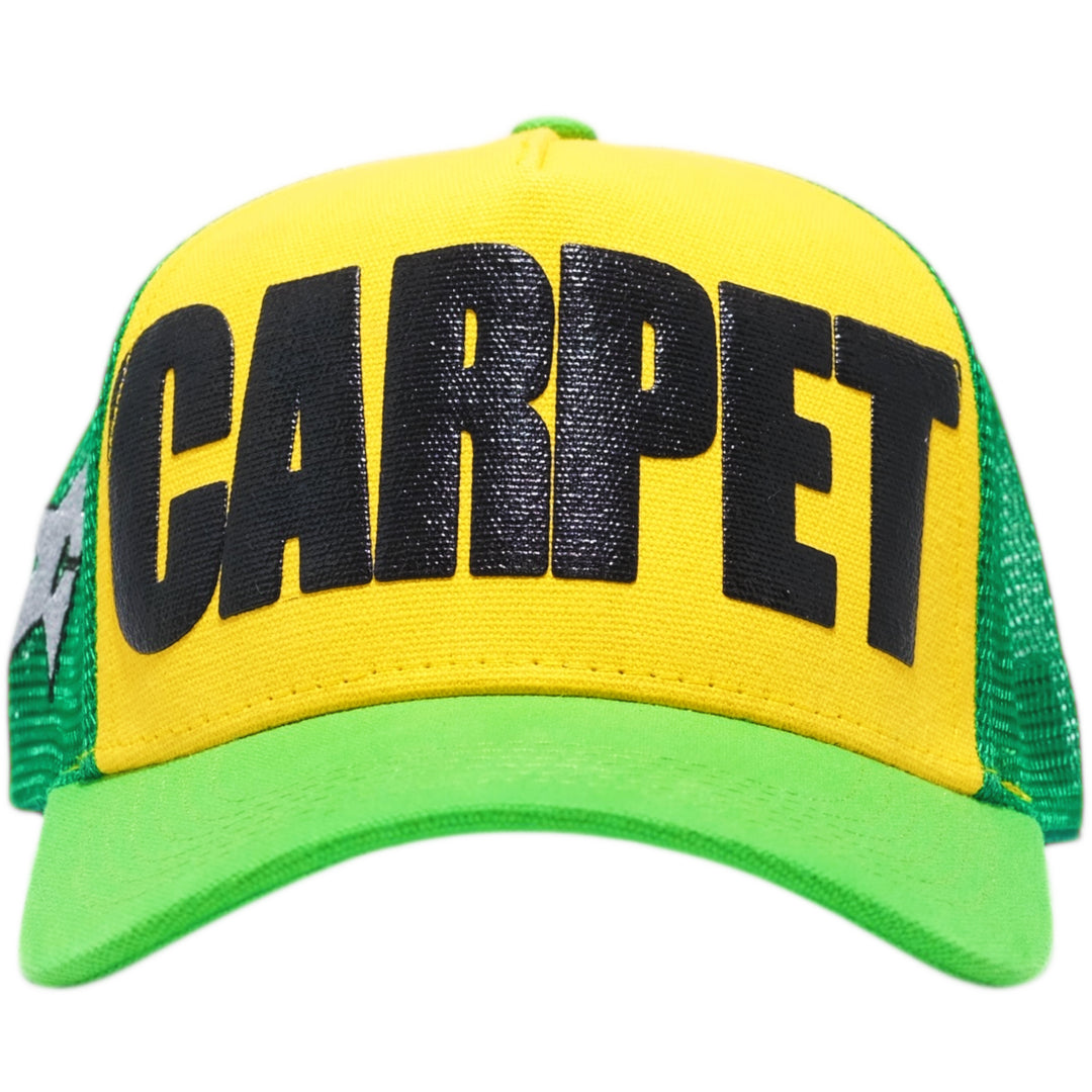 Yellow and green cap with 'CARPET' text 