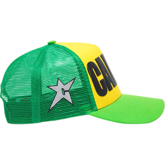 Green and yellow mesh carpet company cap with star design 