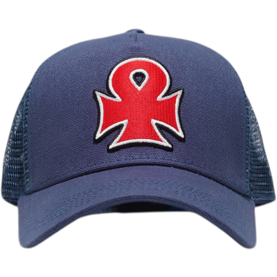 Blue trucker cap with a red and white ankh logo 