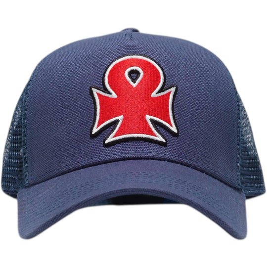 Blue trucker cap with a red and white ankh logo 