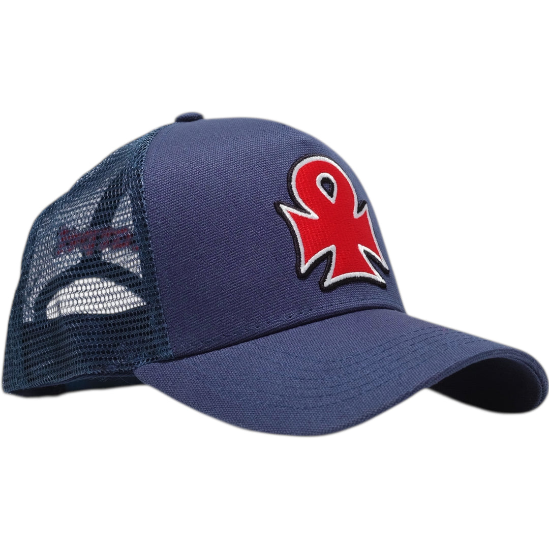Navy blue mesh cap with a red and white logo ankh