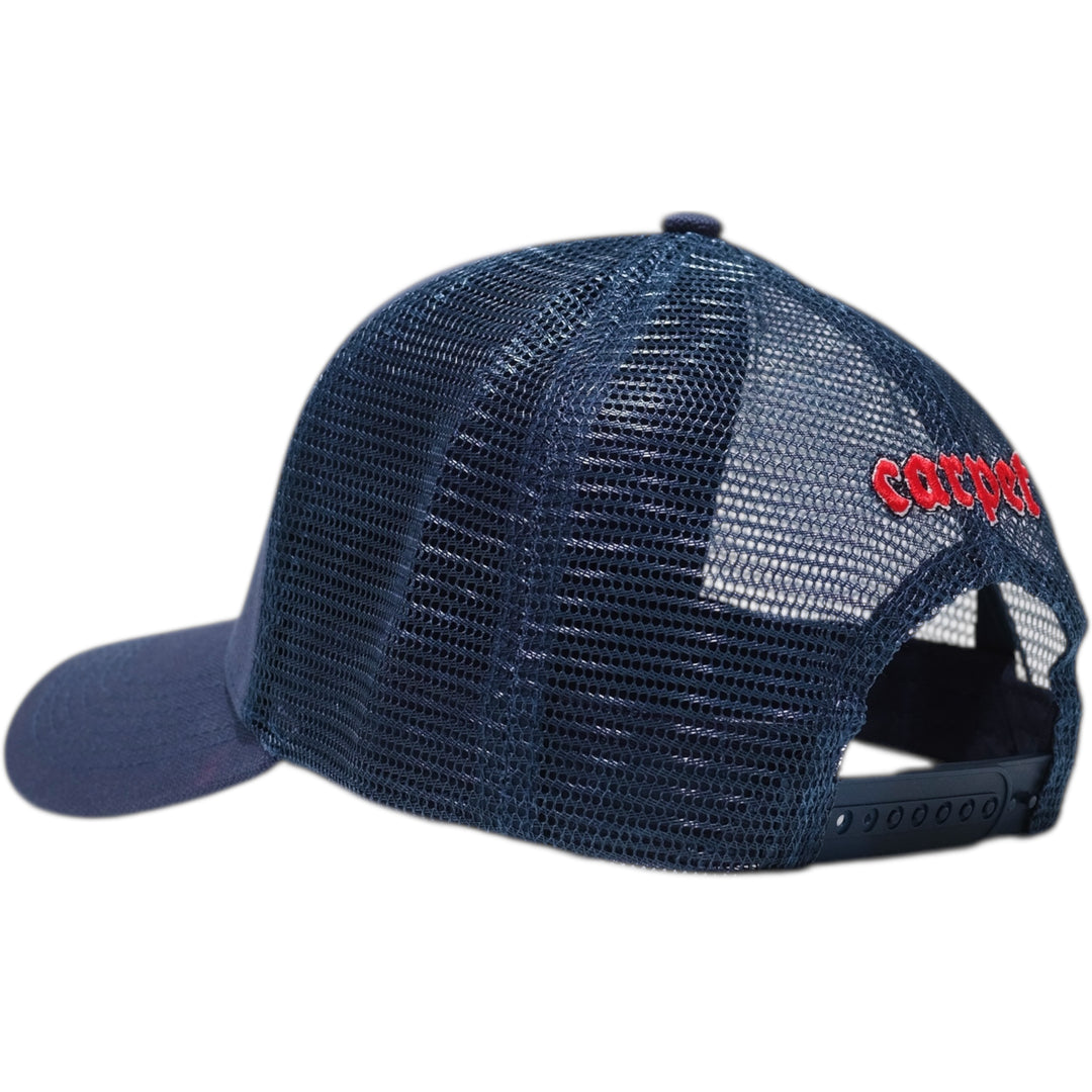 Navy blue mesh cap with red carpet text 