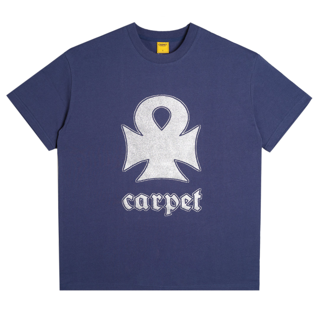 Navy blue t-shirt with a white graphic and 'carpet' text 