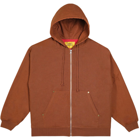 Brown zip up carpet company hoodie with a visible brand label 