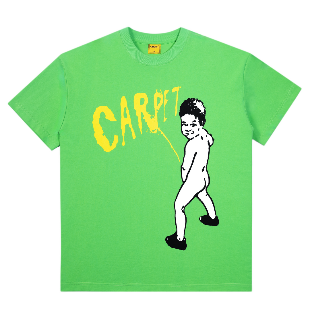 Green t-shirt with a graphic of a kid pissing on a wall
