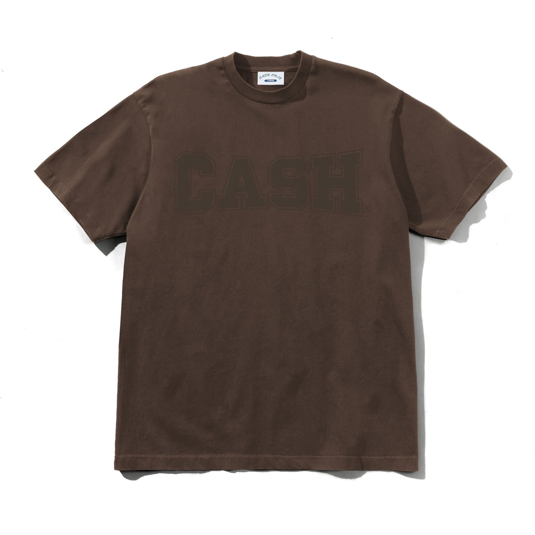 Brown t-shirt with 'CASH' text 