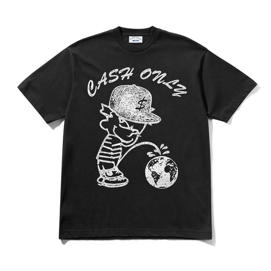 Black Cash Only t-shirt with a graphic design of a character peeing on the world wearing a cap and 'Cash Only' text 