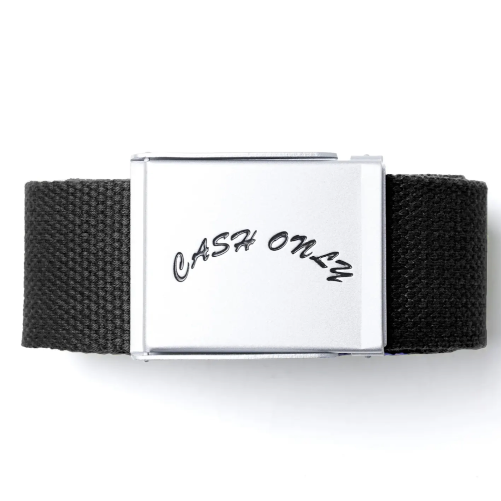 Black belt with a silver buckle featuring 'CASH ON' text on a white background