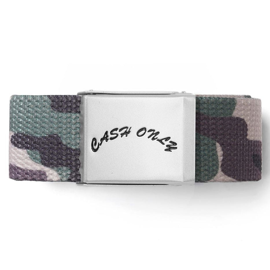 A woven belt with a green, gray, and beige camouflage pattern, featuring a silver metal buckle engraved with the black script text 'CASH ON ANY'.