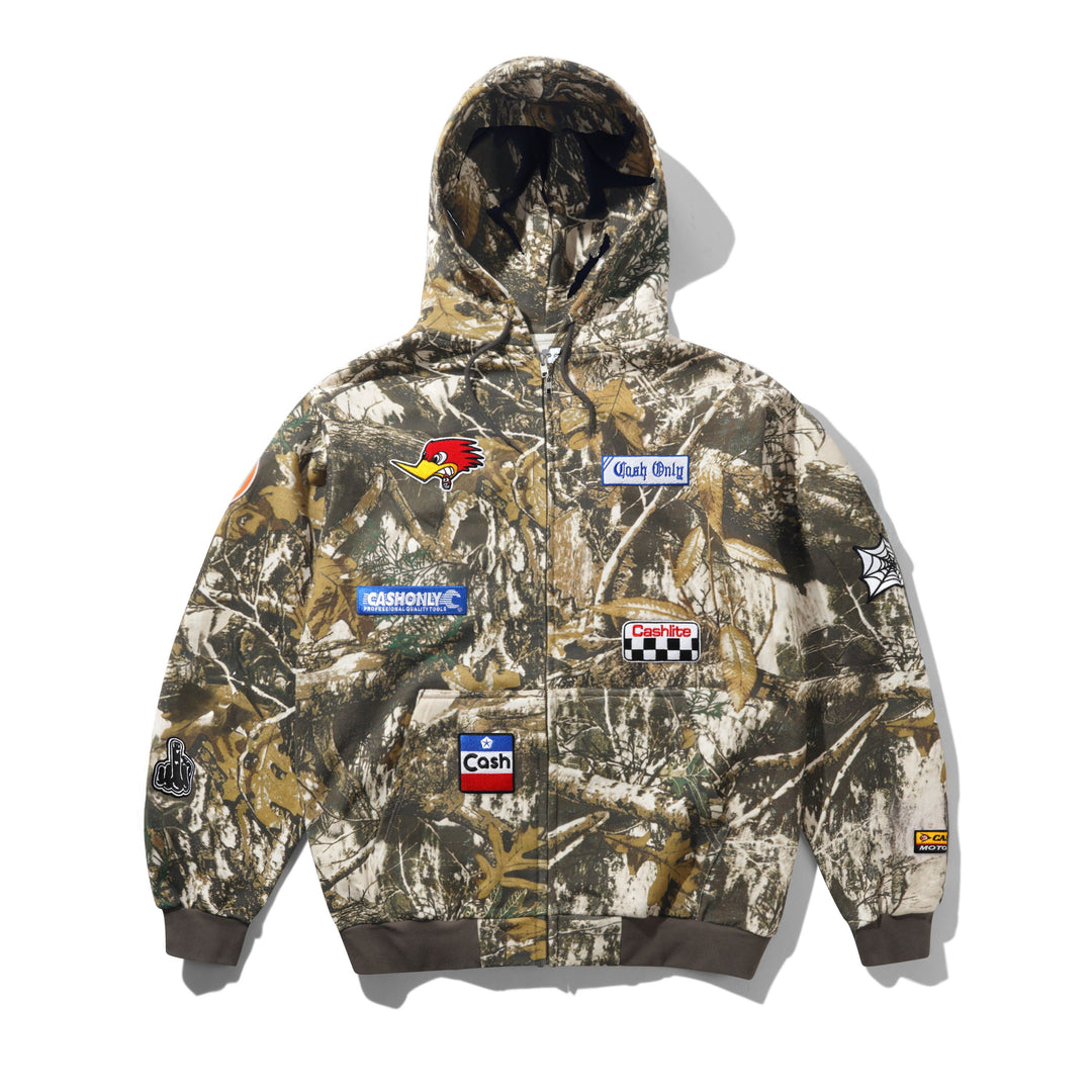 Camouflage hoodie with multiple cash only brand logos 