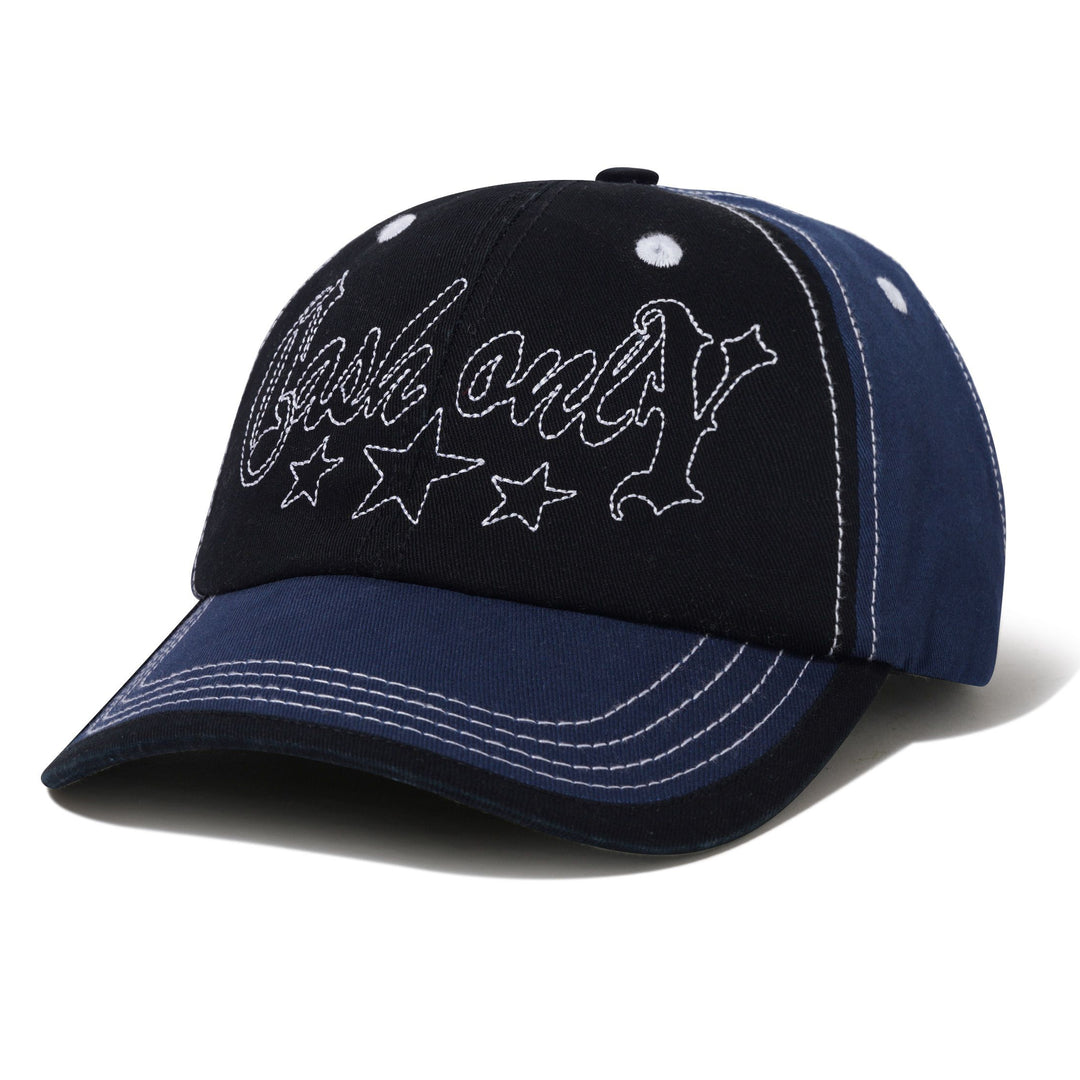 Black and blue cap with white cash only text and star design 