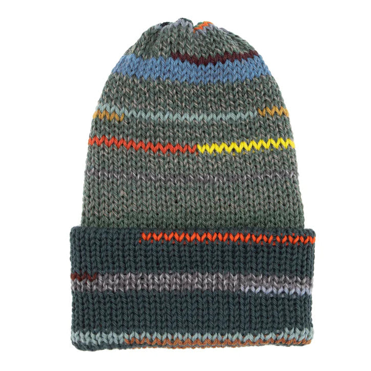 Knitted beanie with yellow red blue multicolor stripes 