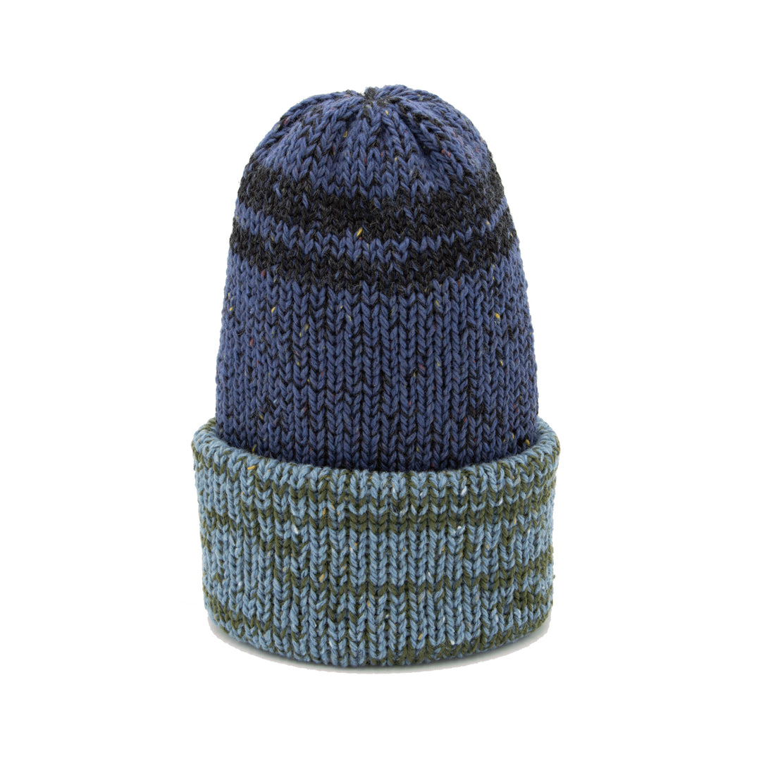 Knitted beanie with blue and green pattern 