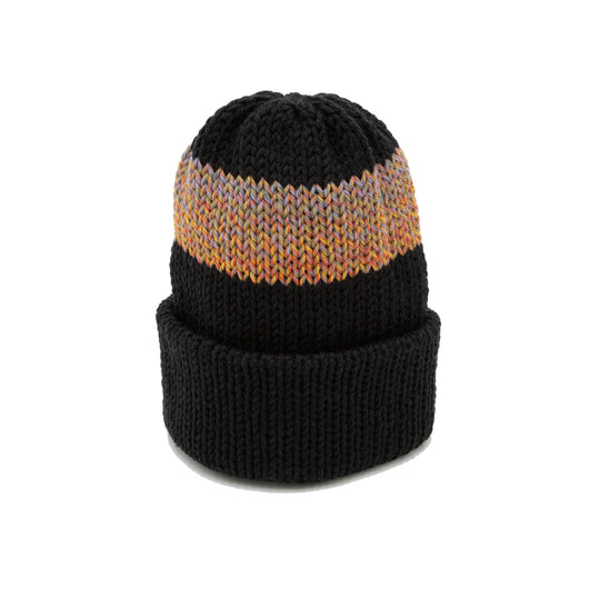 Black knit beanie with a sunset style gradient pattern 
