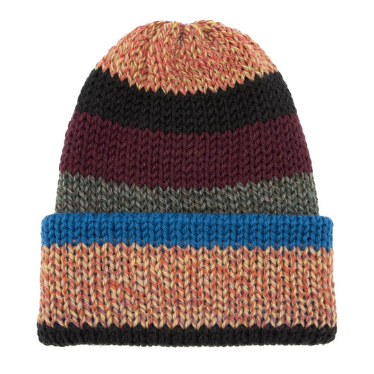 Multicolored maroon blue grey green striped beanie 