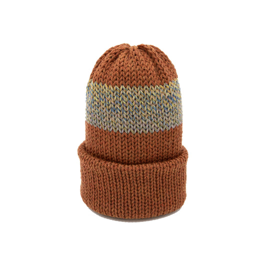 Knitted beanie with brown and multicolor stripes with cuff