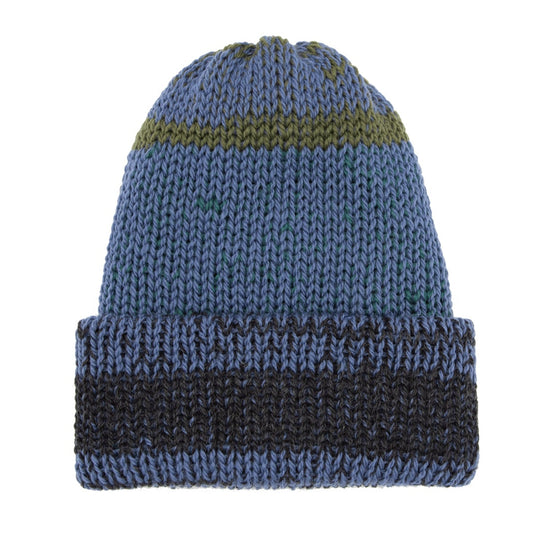 Knitted beanie with blue, black, and green stripes 