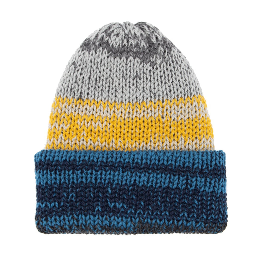 Knitted beanie with gray, yellow, and blue stripes 