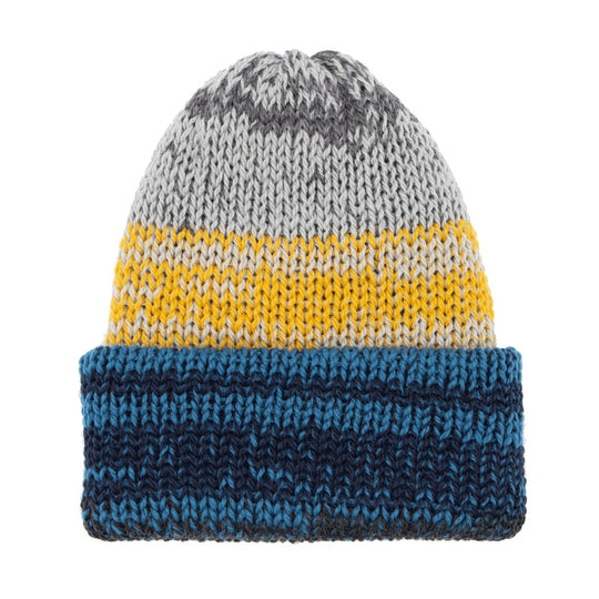 Knitted beanie with gray, yellow, and blue stripes 