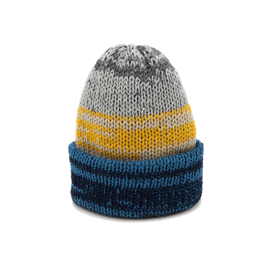 Knitted beanie with gray, yellow, and blue stripes with cuff
