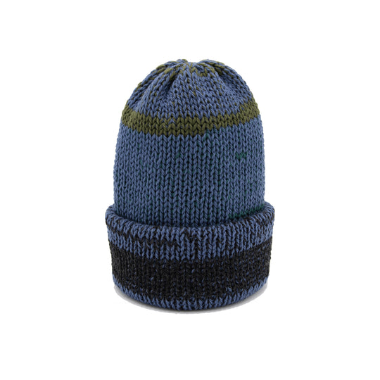 Knitted beanie with blue, green, and black stripes with cuff