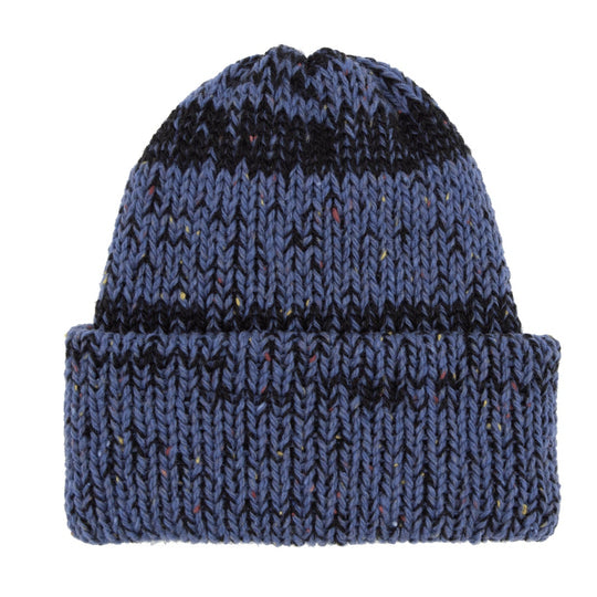 Blue and black patterned knit beanie with cuff