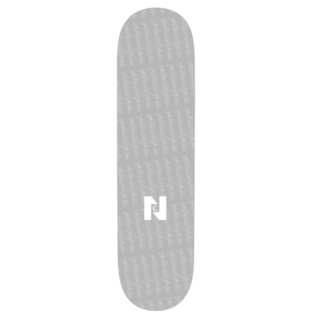 A skateboard deck shown vertically against a plain white background, featuring a light gray wood-grain patterned surface with a white stylized &