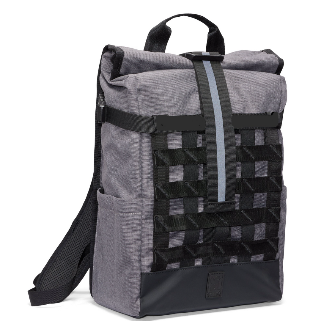Gray and black backpack with geometric pattern on a white background