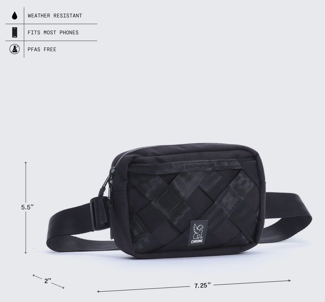 Black woven waist bag with measurements and feature text on a white background
