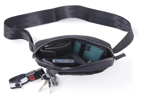 Black waist bag with keys on a white background